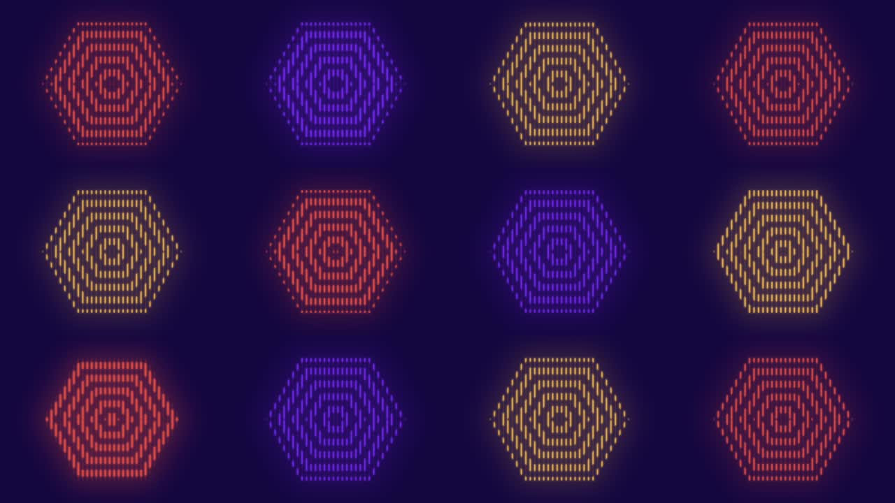 Pulsing neon hexagons pattern in rows