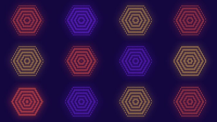 Pulsing neon hexagons pattern in rows