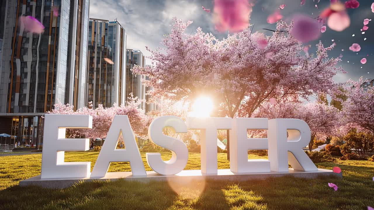 Large white letters spell "EASTER" in a park. Pink cherry blossoms frame the scene. Modern buildings loom in the background. Soft sunlight bathes the grassy area