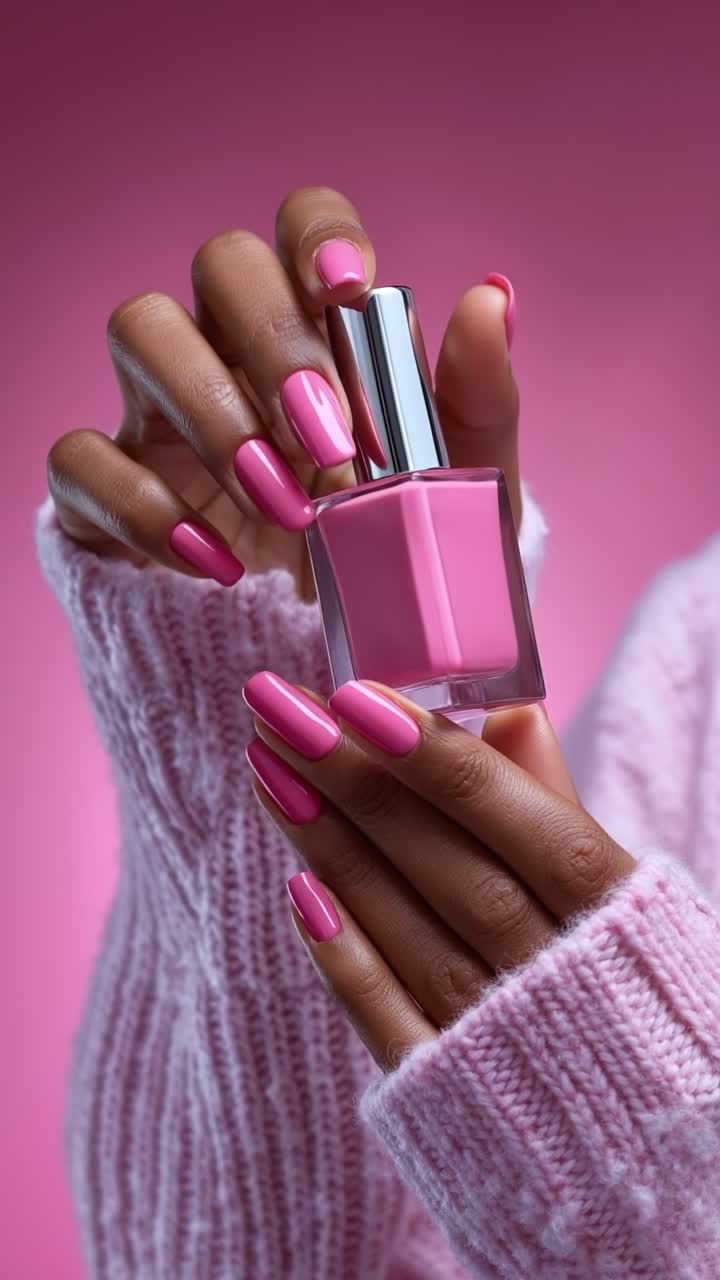 Nærbillede af en kvinde med lyserøde manicurede negle, der holder en flaske lyserød neglelak
