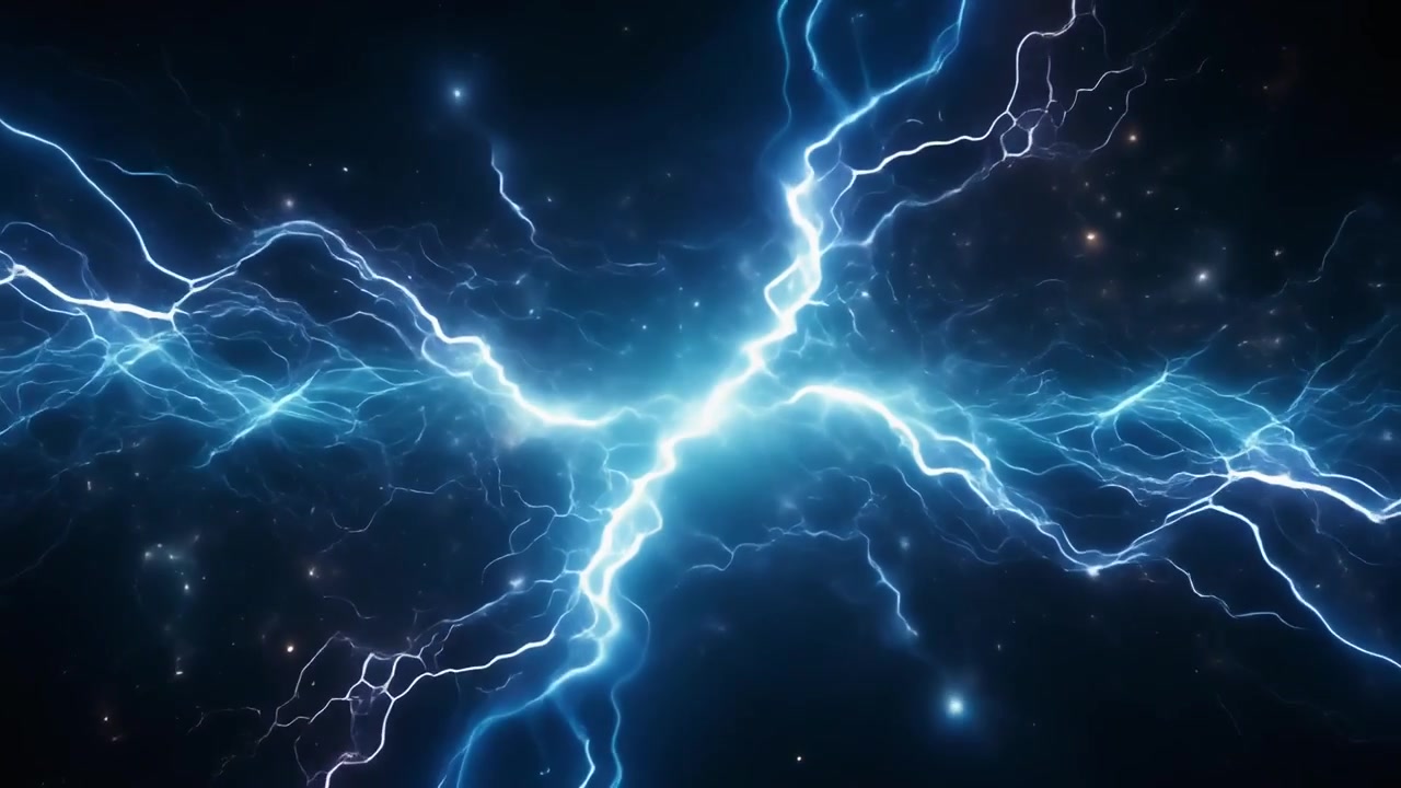 Intense Blue Electric Lightning Bolts Discharging in Dark Space