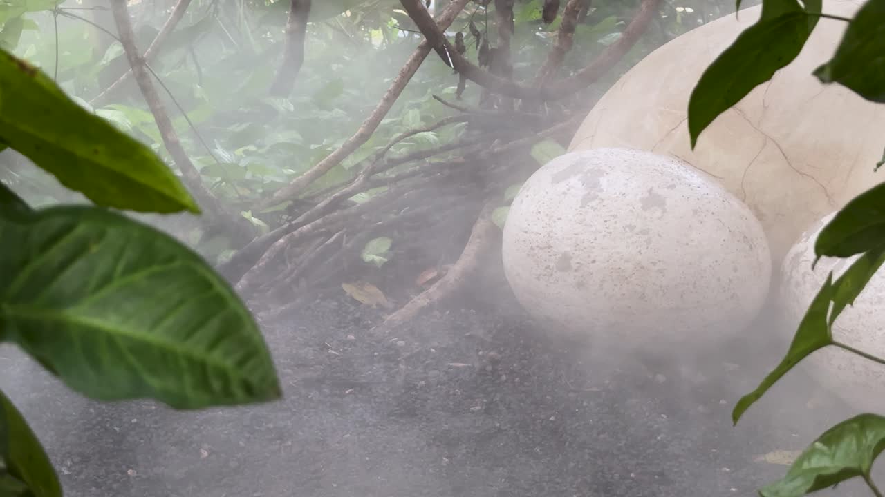 Large dinosaur egg in smoky, lush forest nest, illuminated by soft natural daylight, still camera
