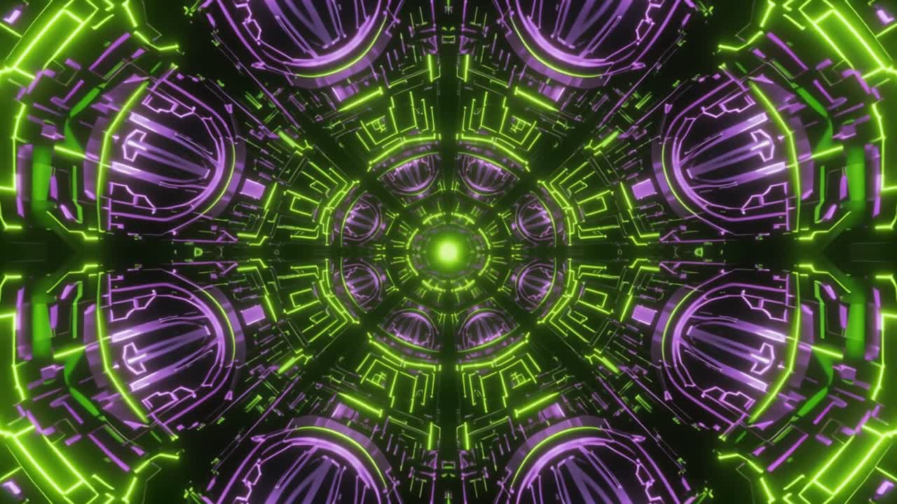 Loop continuo di un portale digitale futuristico con luci verdi e viola