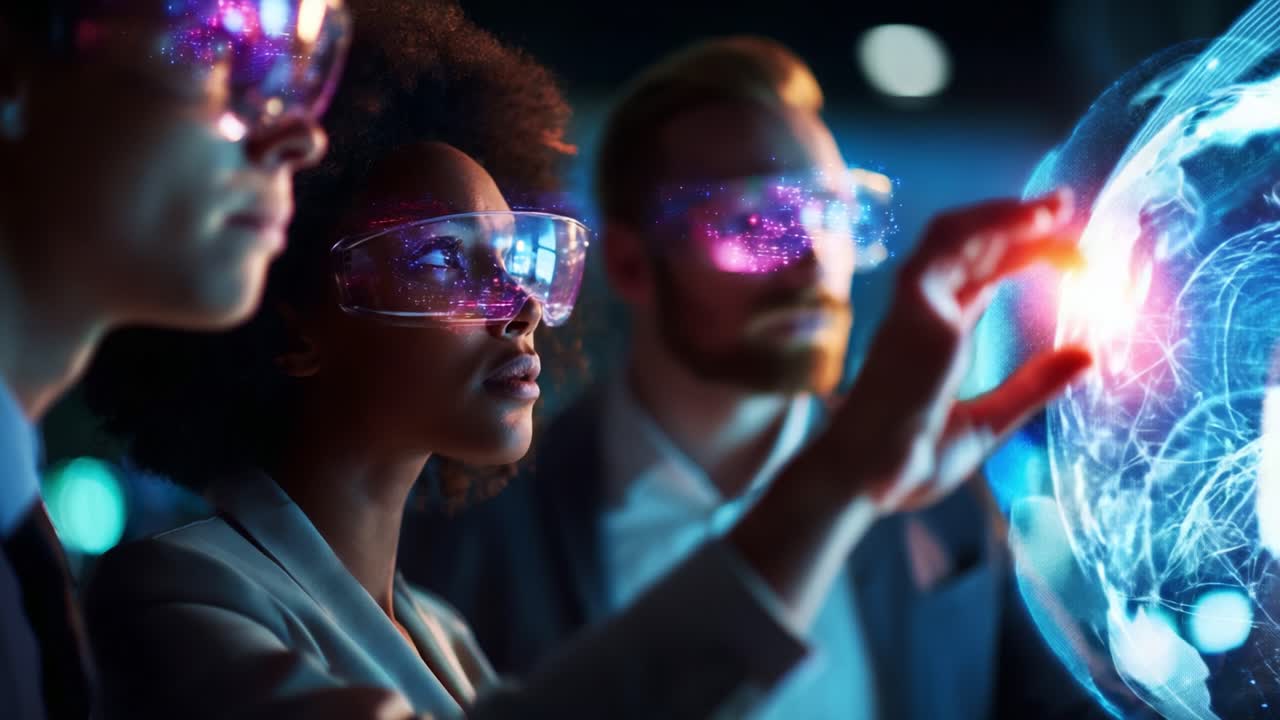 Exploring the Future of Technology: A Diverse Group of Innovators Engages with a Holographic Interface, Demonstrating Advanced Concepts Through Interactive Visualizations