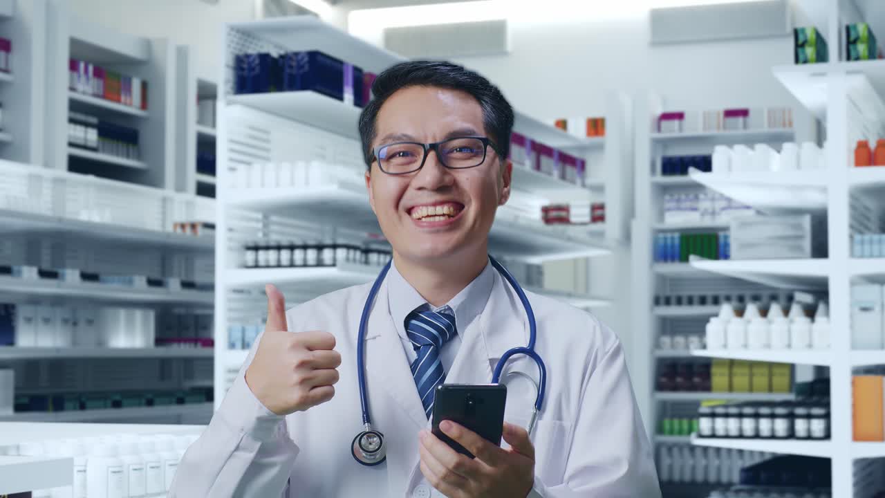 스마트폰을 사용하고 엄지손가락을 나타내는 스테토스코프를 가진 아시아 남성 의사의 클로즈업 제스처
