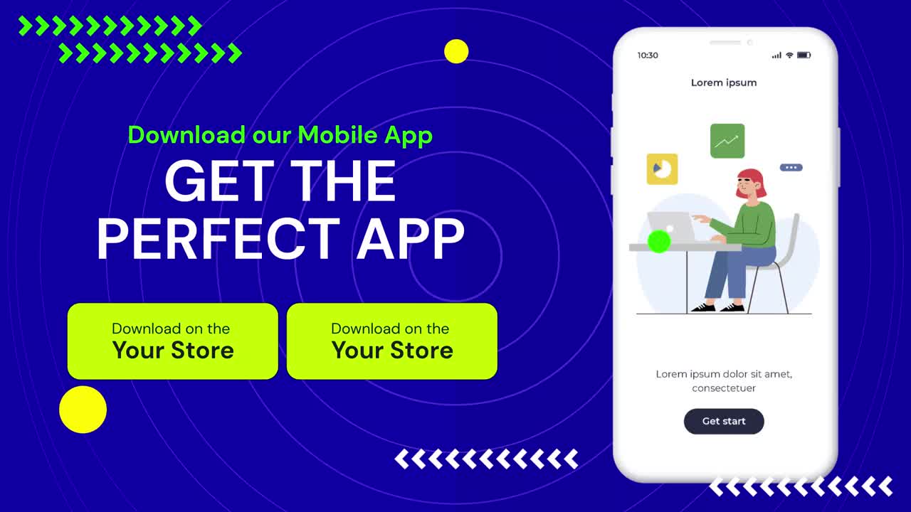 Animert annonse for mobilapp med smarttelefon og tegneseriefigur