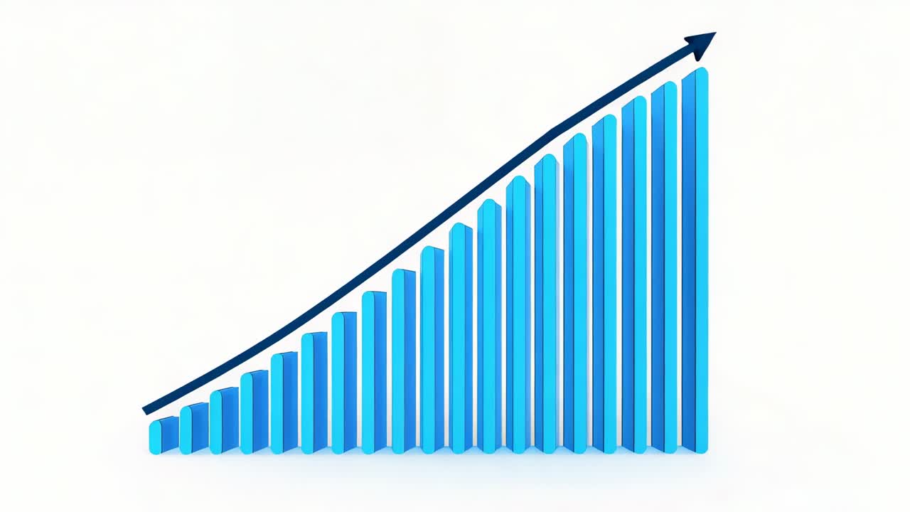 Appearing lower-left, dark-blue arrow extending across blue 3D bars on white plane, showing rise