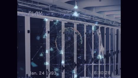animation of network of connections with globe and glitch over server room