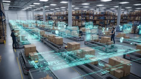a high-tech warehouse environment featuring automated systems and digital overlays for efficient package handling and inventory management