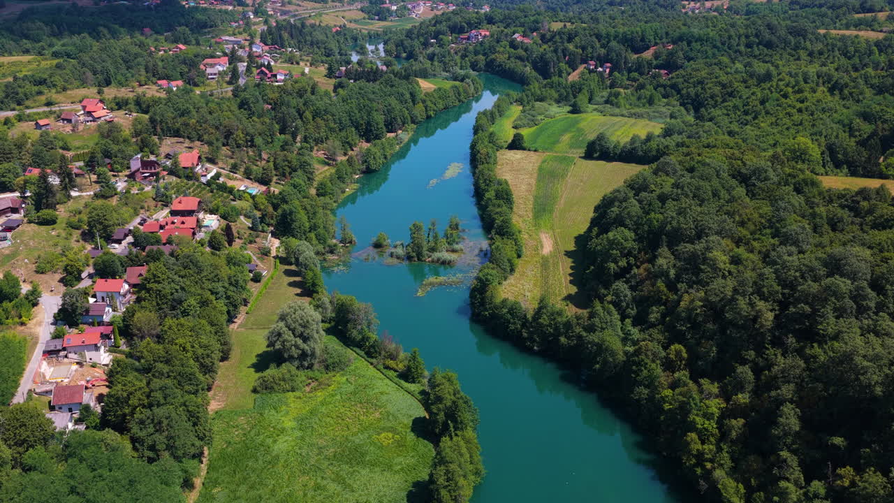 Coastal Town Of Duga Resa With The Mrežnica River In Central Croatia. Aerial Drone Shot