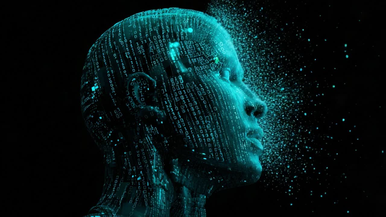 Animazione concettuale che mostra una testa umana realizzata con intelligenza artificiale, composta da codice binario blu brillante che si dissolve in particelle, a rappresentare concetti come trasformazione digitale e perdita di dati