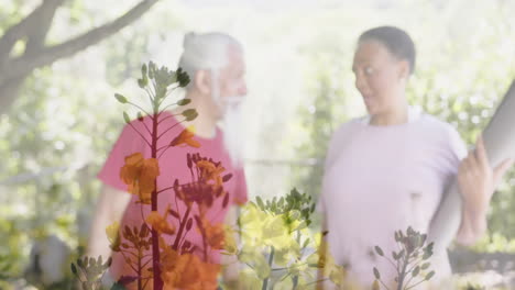 animation of spots of light and trees over diverse senior people talking in garden