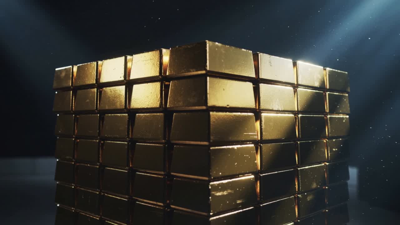 Cubo d'oro che reagisce all'inclinazione della telecamera e al passaggio di un faro, rivelando giunzioni e granelli di polvere per una demo 3D.