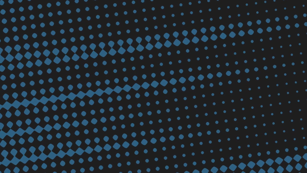 The image showcases a minimalistic black and blue geometric design, featuring a grid pattern formed by small blue dots set against a black backdrop