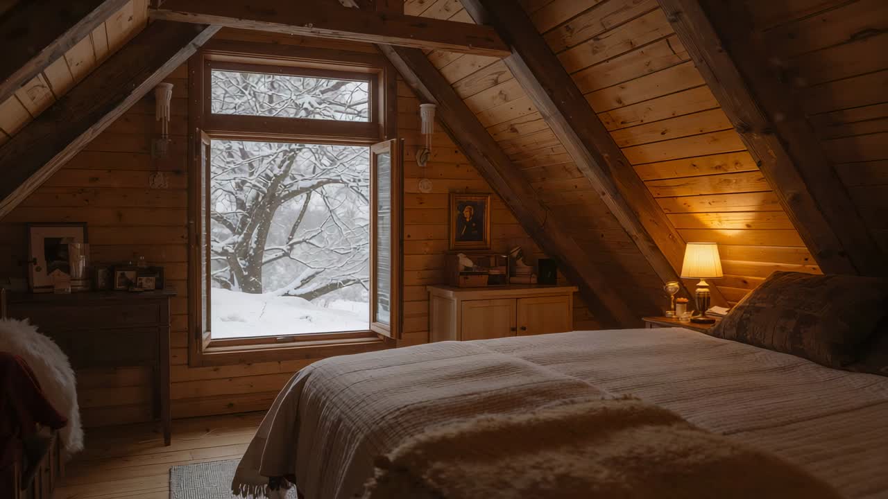 Showing centered bed filling frame in attic room, open window and lit lamp, snowfall shifting light
