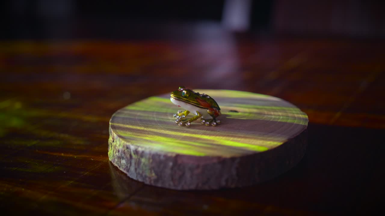 Silver and gold plated frog showpiece on wooden base with illuminating laser lights, 4k