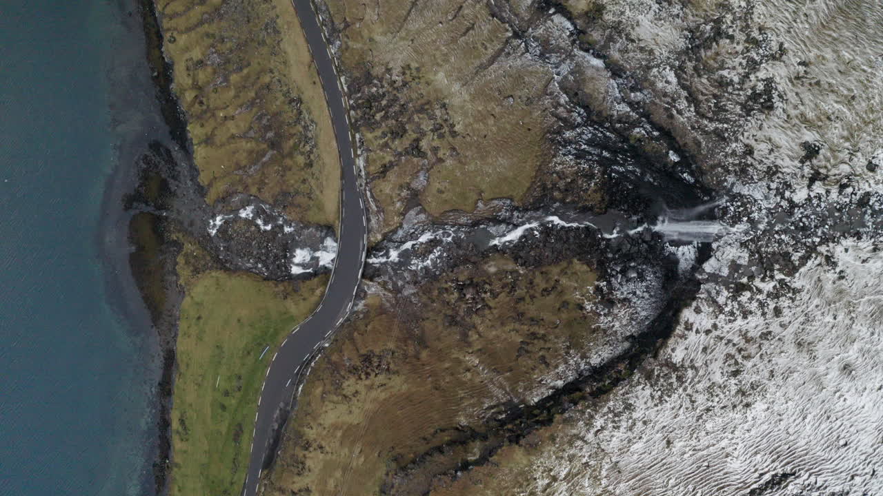 Faroe Islands, 4K Aerial top down of beautiful Foss&aacute; waterfall