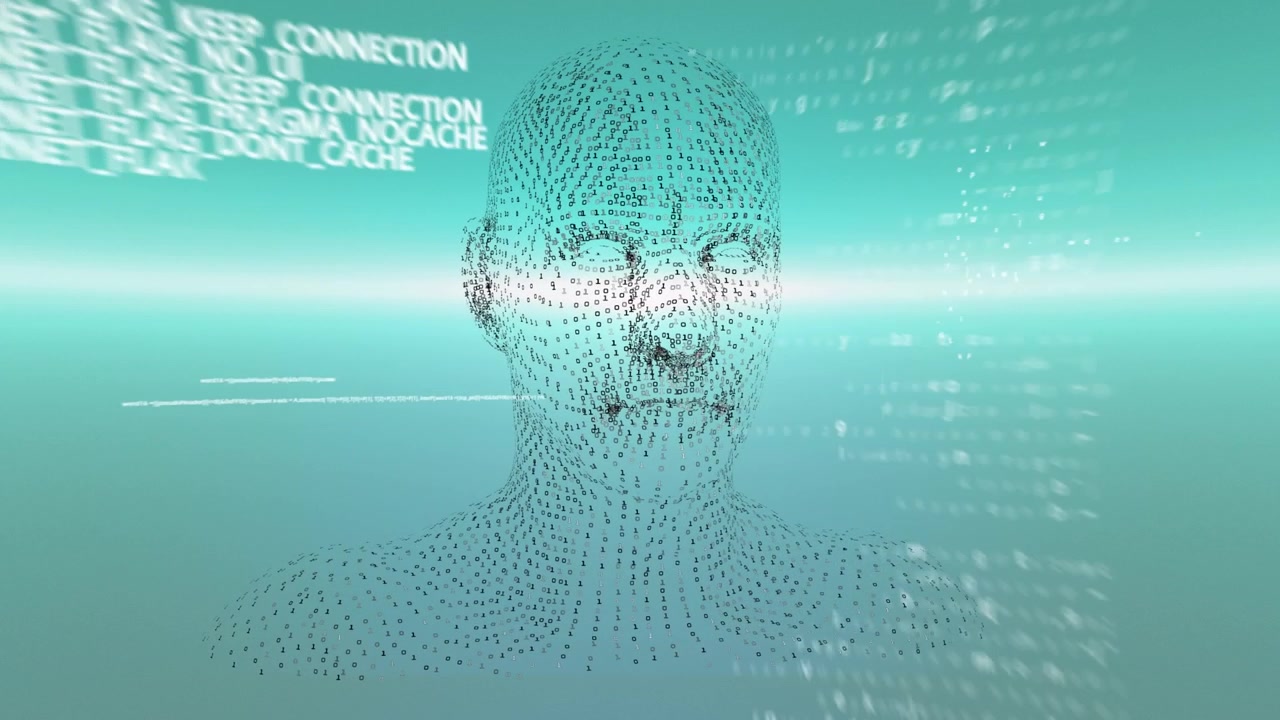 Animation of data processing over human head model and green background