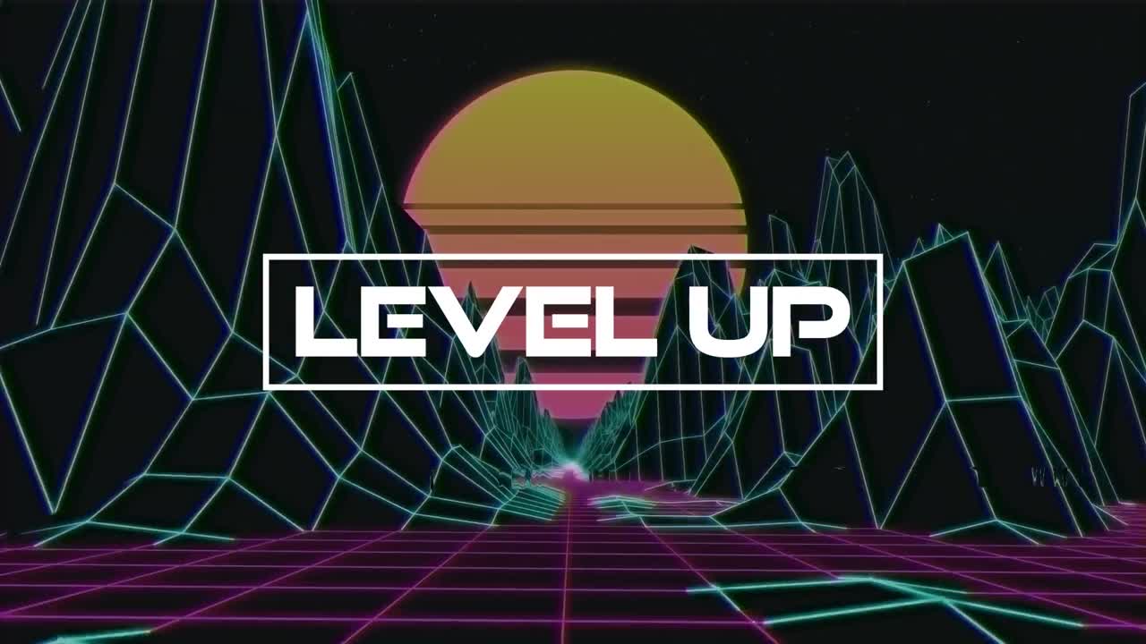 태양을 배경으로 그리드 산 사이에서 움직이는 레벨 업 텍스트의 애니메이션