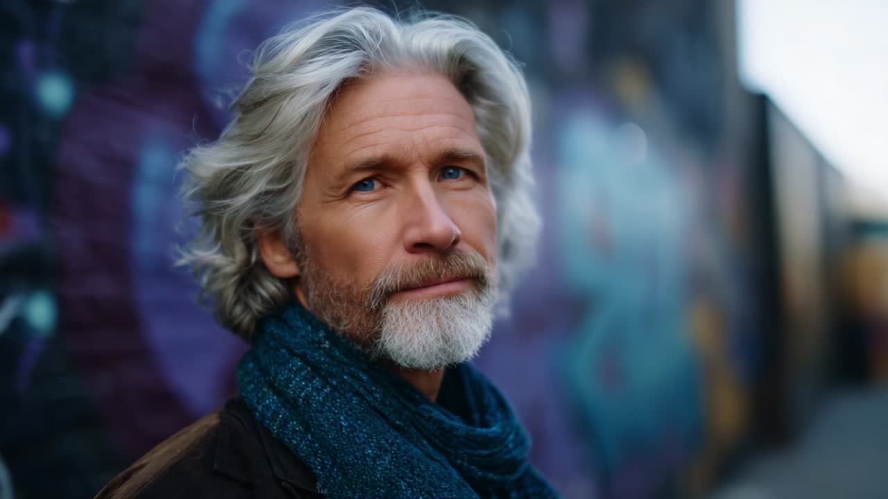 A contemplative man with silver hair and a beard gazes thoughtfully into the distance, showcasing his pensive demeanor against a vibrant urban backdrop, embodying wisdom and experience in his expression