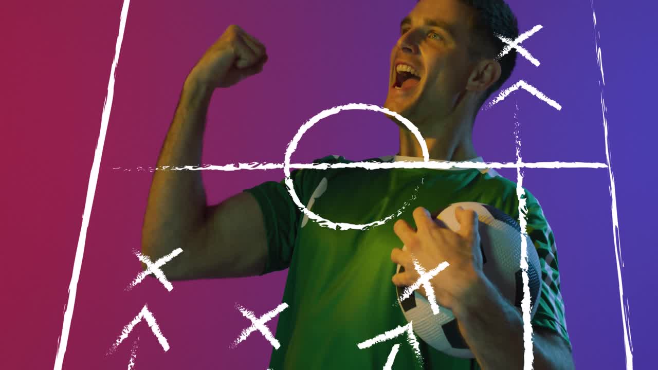 animación de un jugador de fútbol masculino caucásico sobre el dibujo del estadio