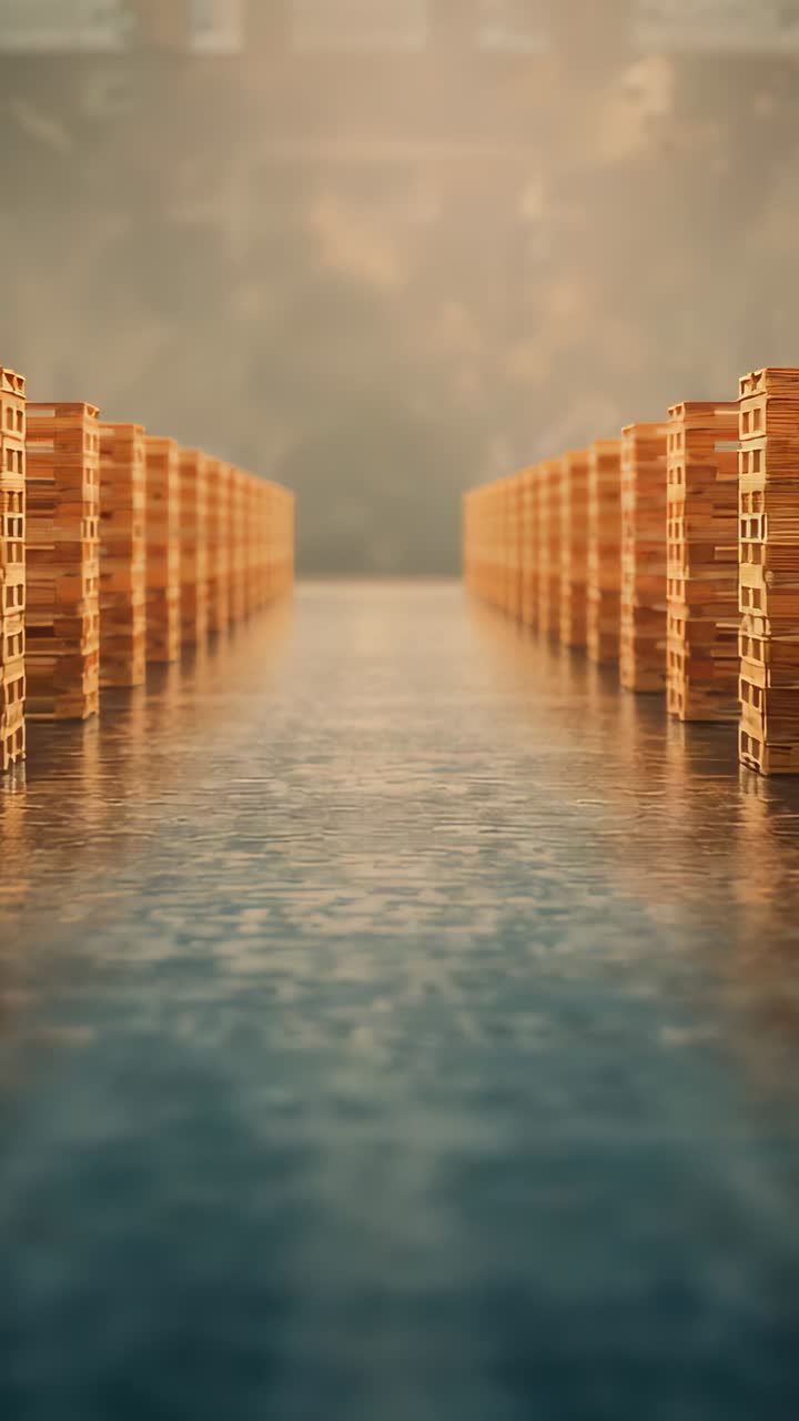 Vertical video: Moving camera showing rippling water guiding view between pallet stacks toward haze