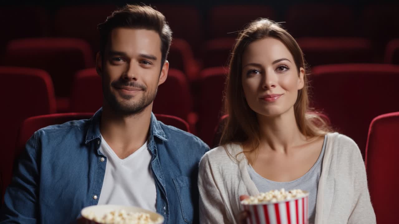 Enjoying a Movie Night Together: A Couple Shares Laughter and Popcorn in a Cozy Theater Setting, Capturing Moments of Joy and Connection Amidst Cinema Experience