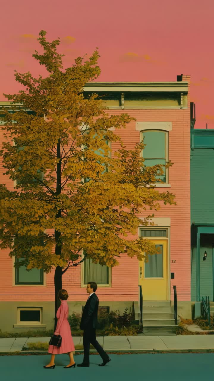 A cinematic video still of a couple walking past colorful houses at sunset