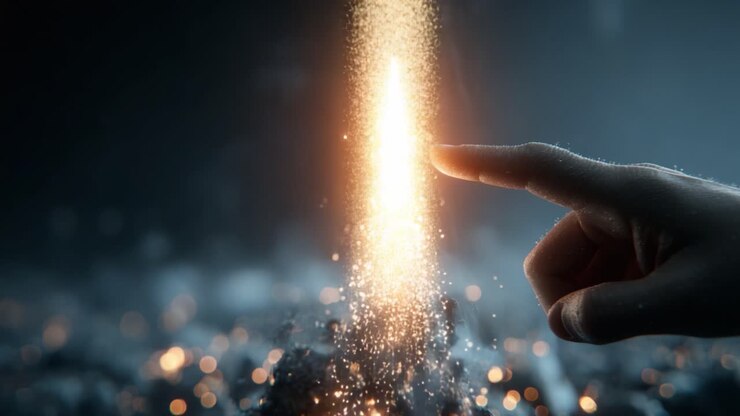 Un'interazione affascinante tra una mano umana e un flusso di luce scintillante, che cattura l'essenza della creatività e della meraviglia in un incantevole spettacolo visivo.