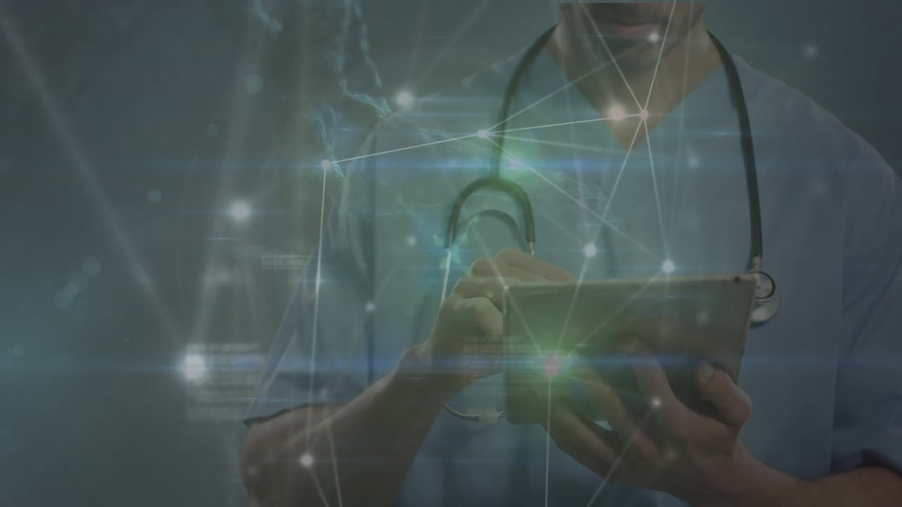 Animación de una red de conexiones sobre un trabajador de la salud caucásico usando una tableta digital