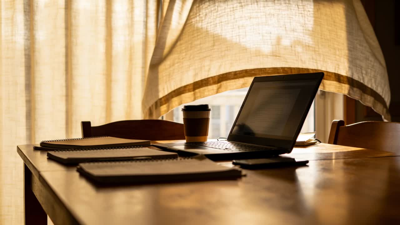Breeze lifting sheer curtain, shifting sunlight across wood table at home with laptop and notes