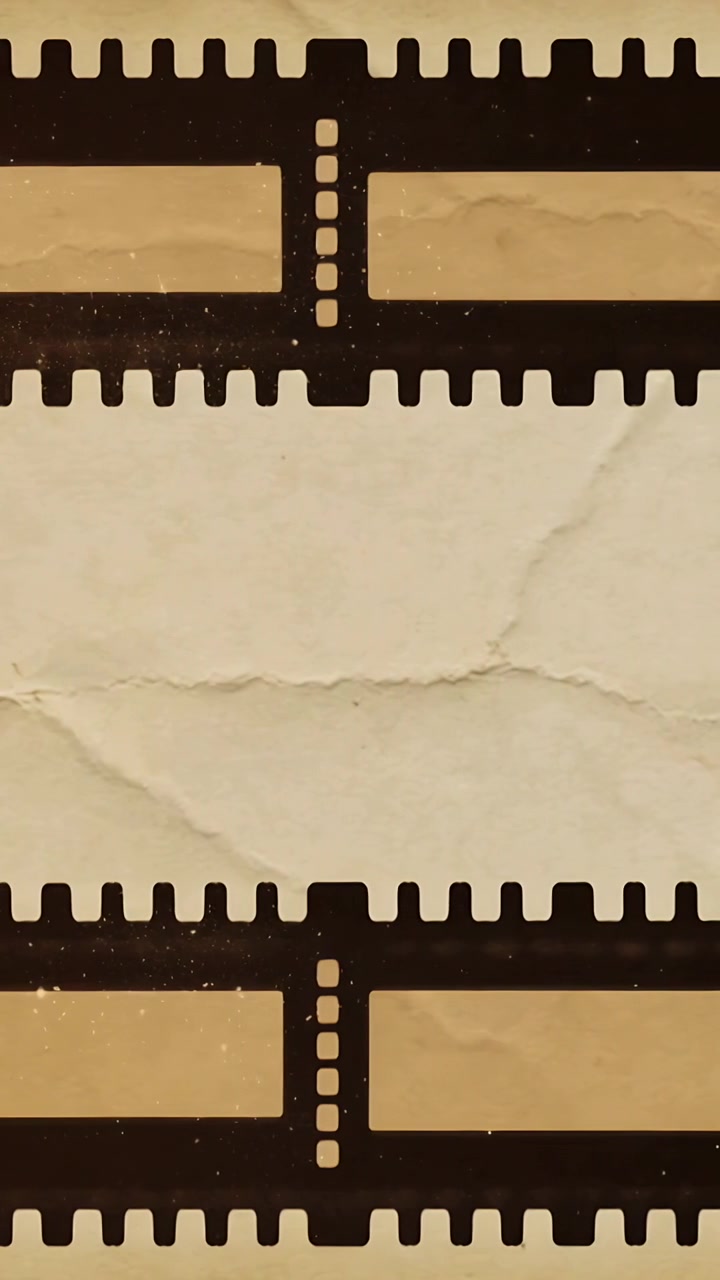 Video verticale: Loop iniziale, pellicola nera che scorre rivelando fotogrammi seppia vuoti su carta beige.