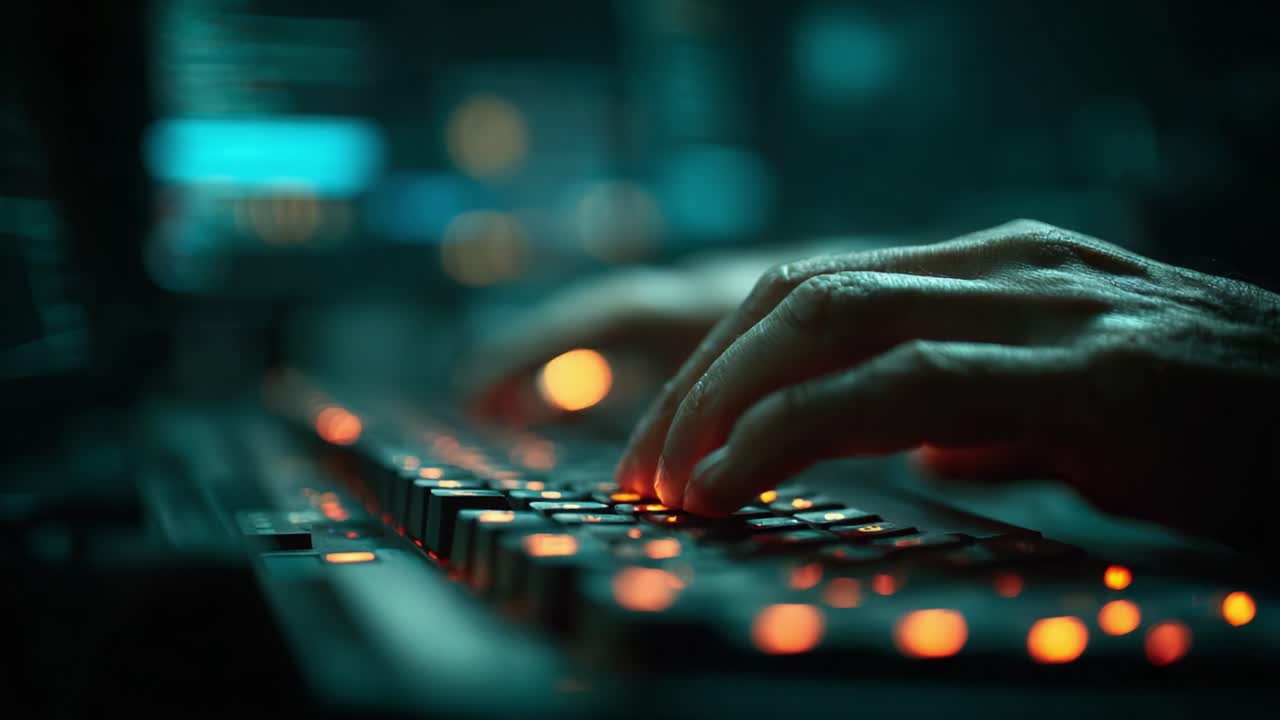 A Close-Up of Hands Typing on a Backlit Keyboard, Illuminated with Vibrant Colors, Capturing the Essence of Modern Technology and Digital Interaction