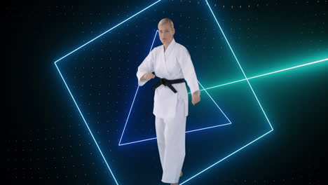 animation of purple neon scanner processing data over female martial artist