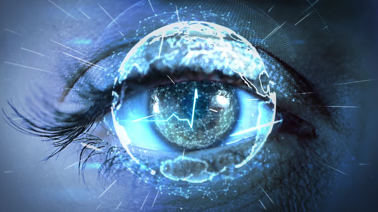 4k network of connections and data processing face eye loop animation global technology connection