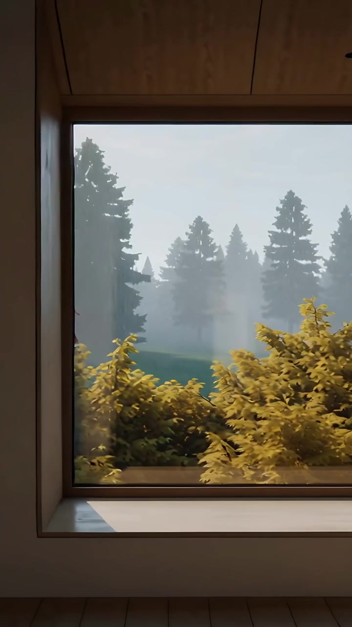 Vertical video: Shifting camera revealing tall glass doors at living room, red-leaf tree and mist