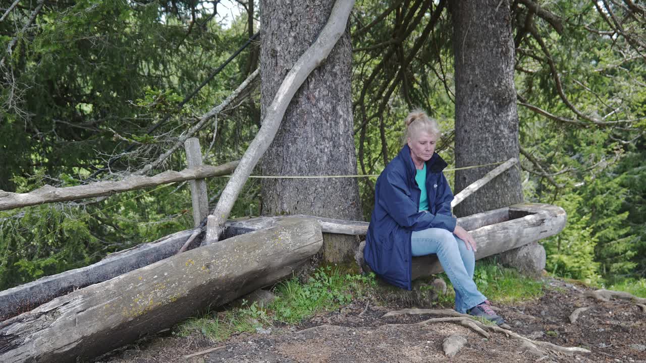 Woman sitting on rustic wooden animal water troughs in Alpine forest
