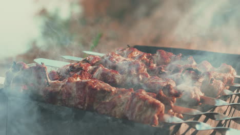 Nahaufnahme-Von-Grillfleisch,-Das-Auf-Einer-Kohlenpfanne-Gegrillt-Wird.-Geräucherter-Grill,-Der-über-Heißer-Holzkohle-Kocht