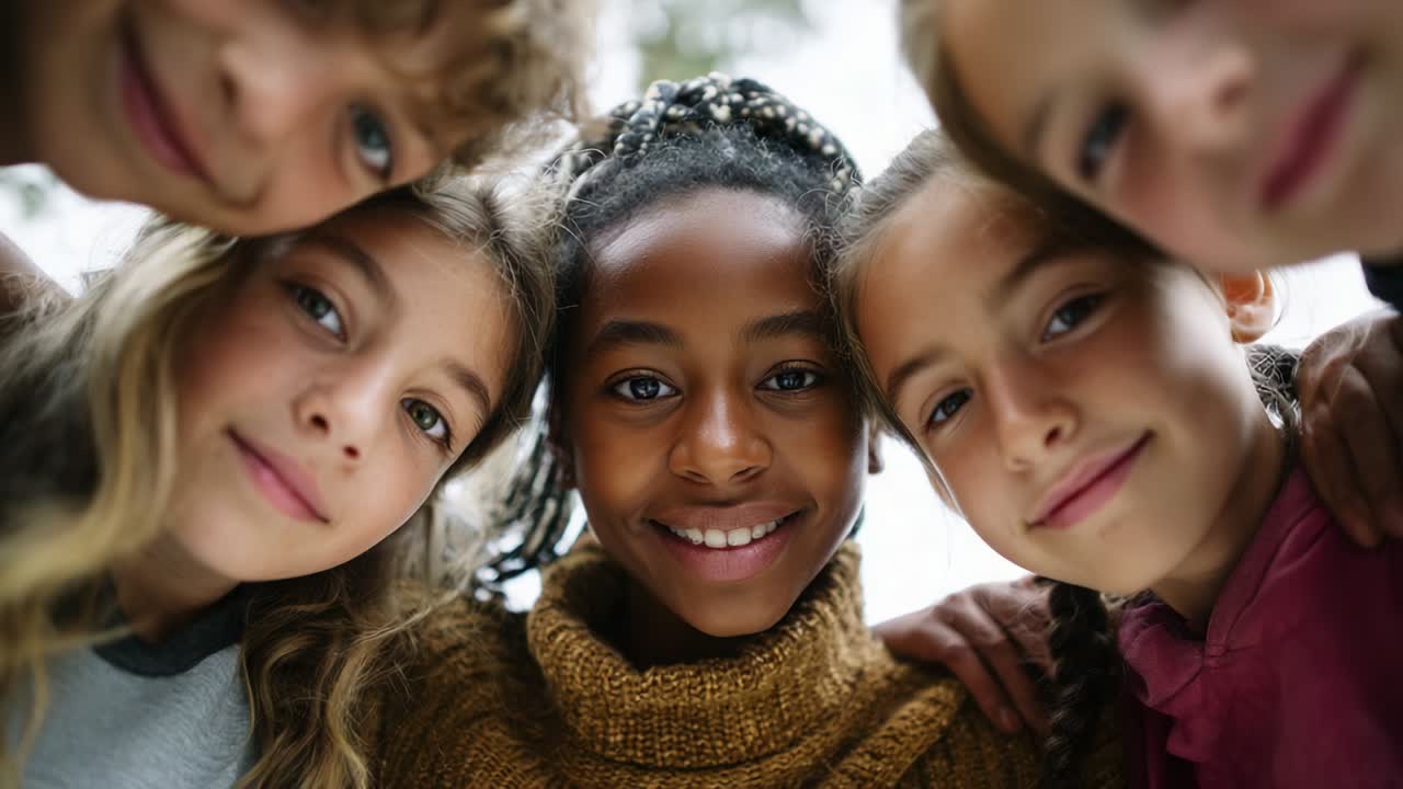 A joyful group of five young girls embraces friendship and fun, showcasing their unique personalities and smiles as they gather closely together in a cheerful and lively atmosphere, radiating happiness