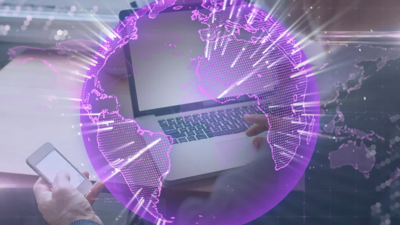 animación del globo con red de conexiones sobre la mujer usando teléfono inteligente