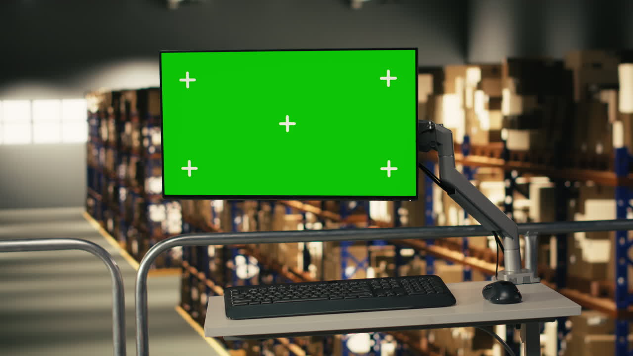 Green Screen Computer Monitor in Warehouse with Boxes