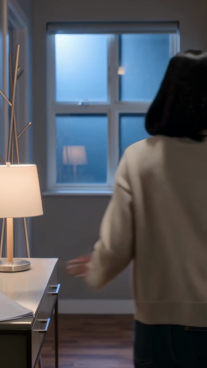 Vertical video: Finishing reading papers, woman in knit sweater walking to door by lamp, copy space
