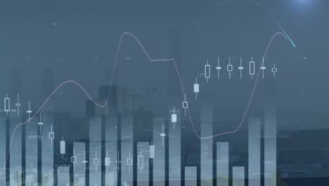 Animation-Mehrerer-Diagramme,-Die-Sich-Nachts-über-Moderne-Wolkenkratzer-Unter-Dem-Himmel-In-Der-Stadt-Bewegen