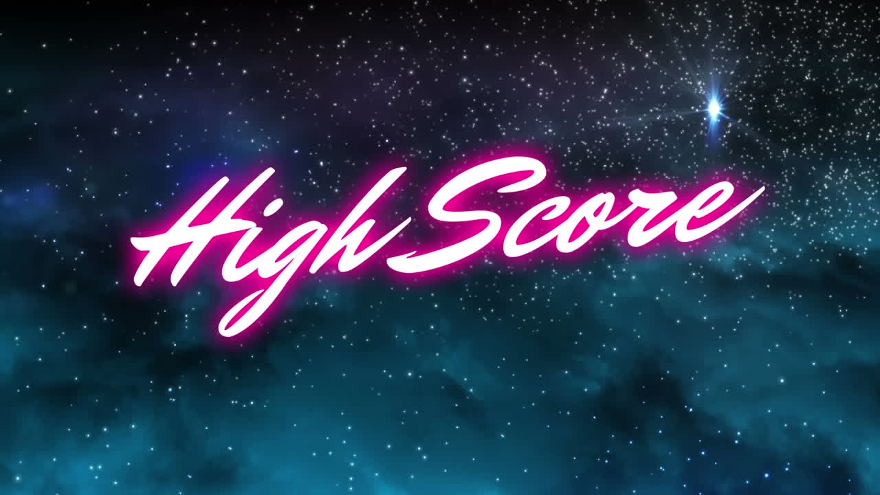 animación de texto de alta puntuación con destello de lente voladora sobre estrellas brillantes en la galaxia