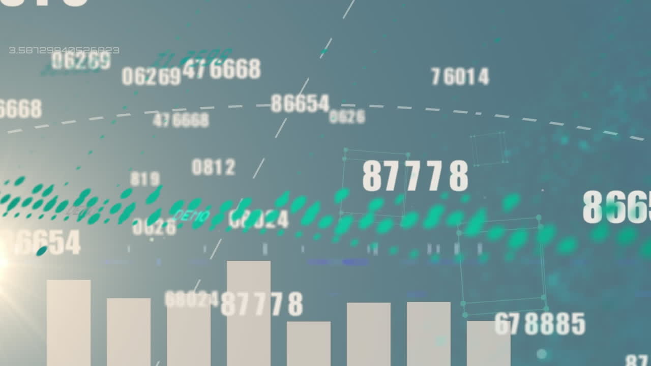 Animation of changing numbers and statistical data processing against light spot on grey background