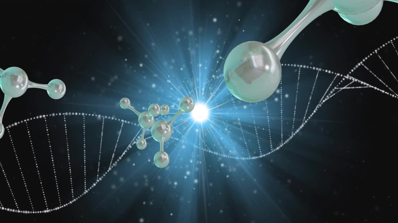 dna 가닥 위에 떠다니는 분자의 애니메이션