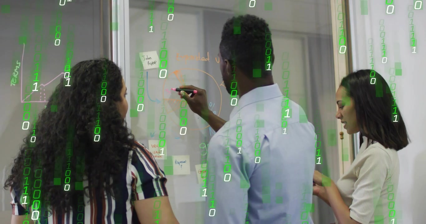 Coworkers picking up colored markers mapping user journey on glass whiteboard in business meeting