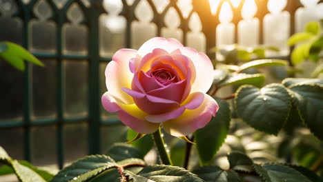 a vibrant pink and yellow rose blooming in sunlight