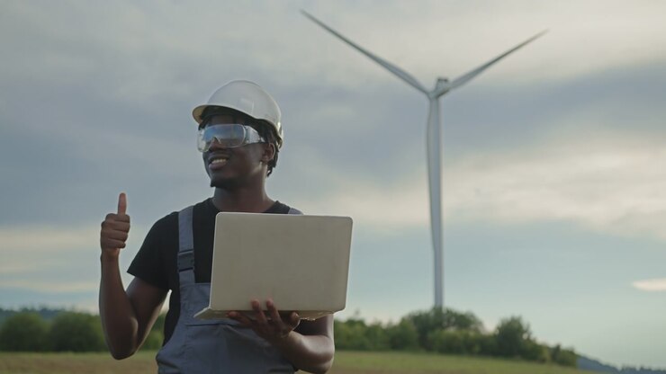 Ingegnere afroamericano con casco e occhiali di sicurezza usa un laptop vicino a turbine eoliche