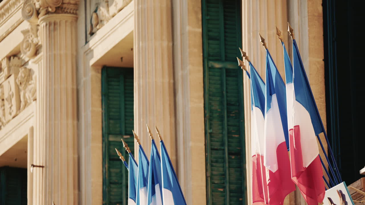 Campo lungo di un edificio storico decorato con bandiere tricolori francesi in una giornata limpida